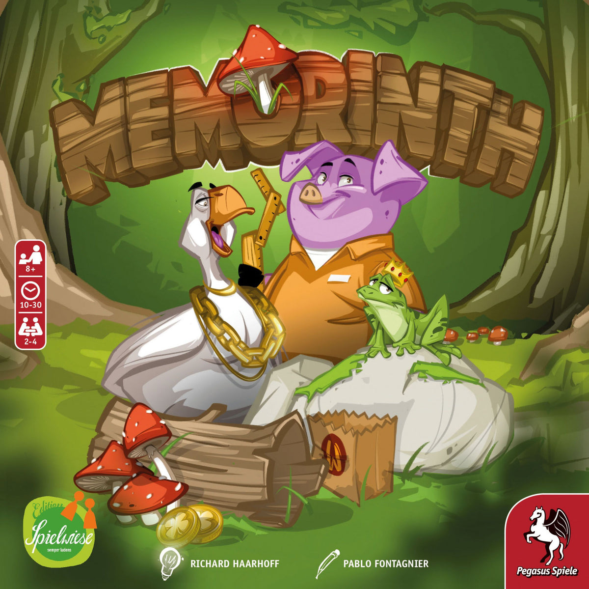 Memorinth board game cover featuring a pig goose and frog characters with game elements