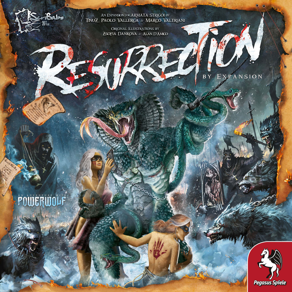 Resurrection by Expansion board game box art featuring a giant chained cobra two human figures and an army of snarling werewolves under a dark sky with Powerwolf and Pegasus Spiele logos