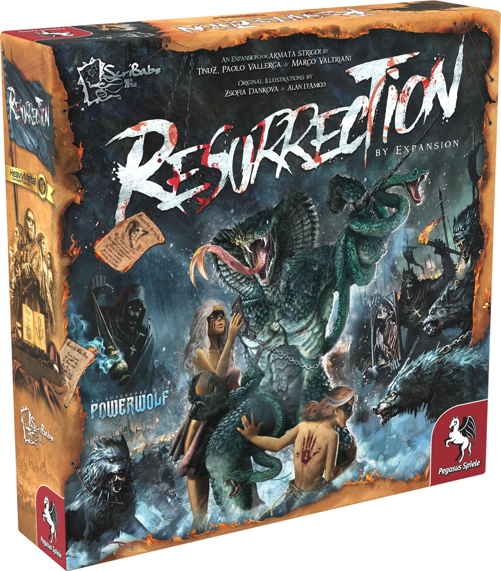 Heavy Metal Armata Strigoi Resurrection by Expansion board game box art with monstrous cobra battling werewolves and hooded figures against a dark fiery backdrop