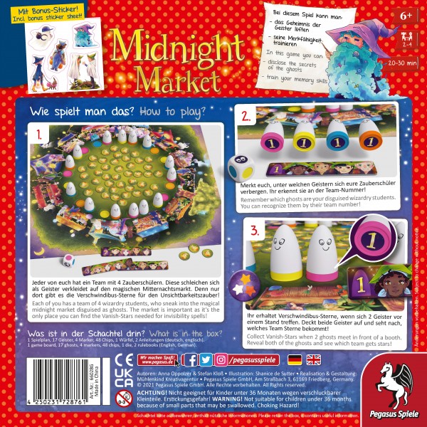 Midnight Market board game box featuring components rules and wizard character art