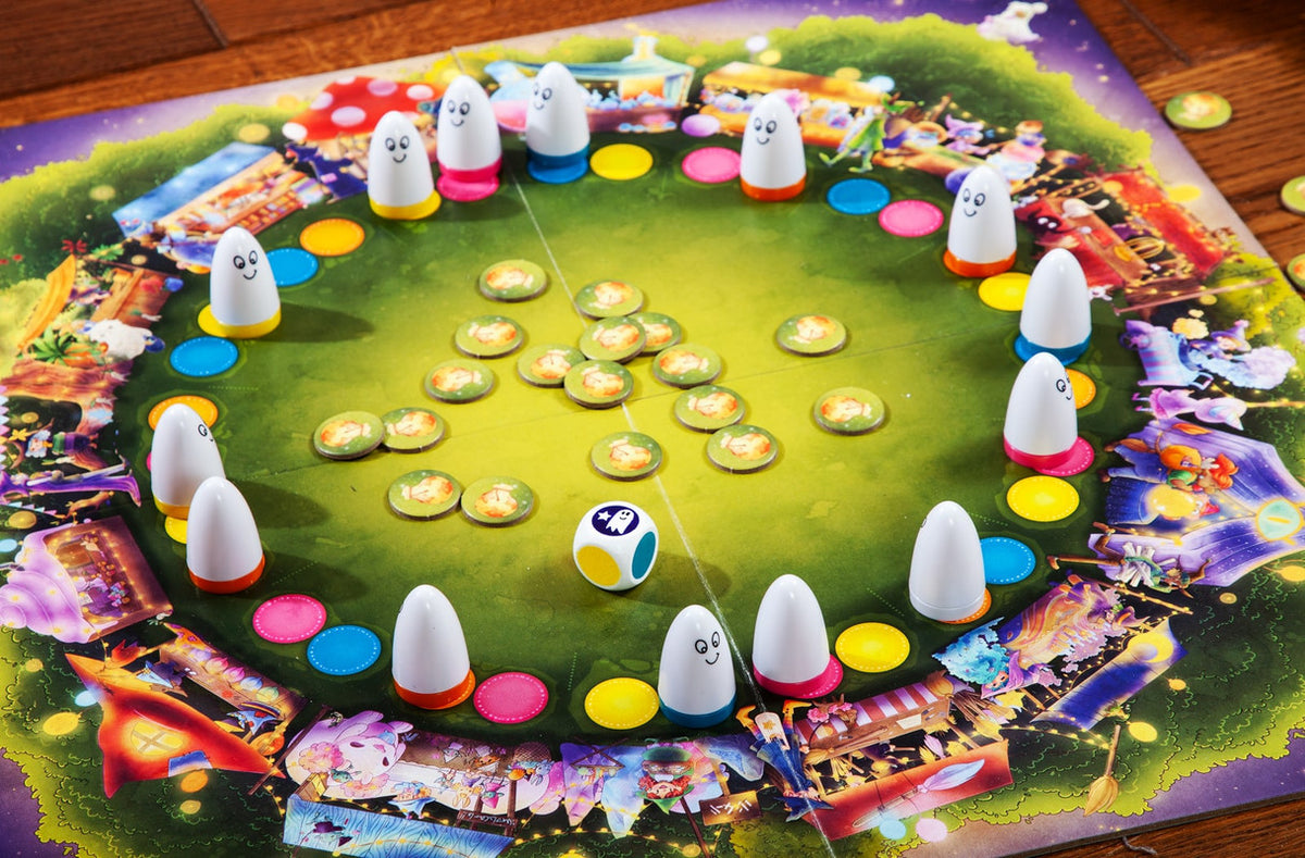 Midnight Market board game with ghosts tokens and dice on a vibrant detailed game board