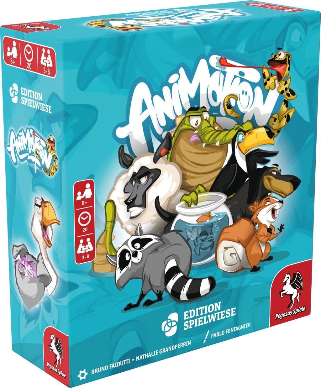 Front of the Animotion card game retail box with colorful animal illustrations