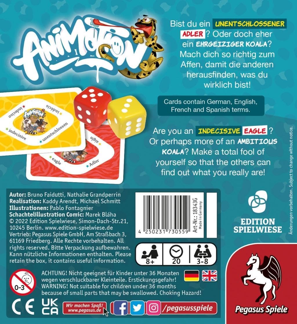 Back view of the Animotion card game box with details and barcode