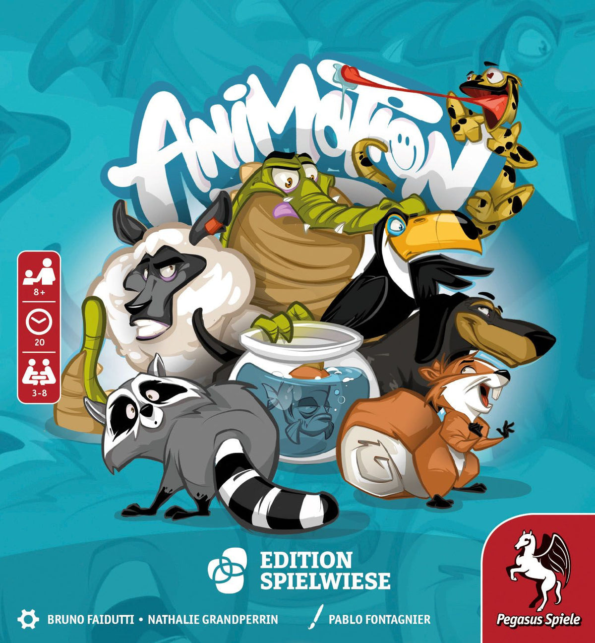 Front of the Animotion card game box with colorful animal illustrations