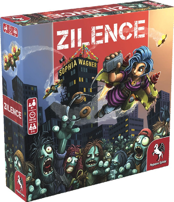 Zilence board game box featuring a zombie horde and a flying character with jetpacks and headphones