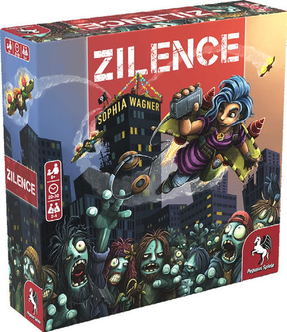 Zilence board game box featuring a zombie horde and a flying character with jetpacks and headphones