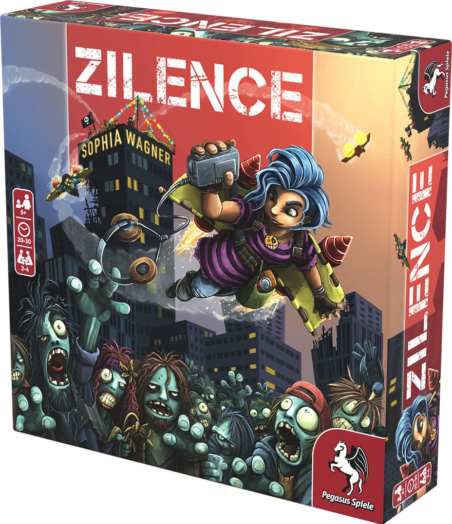 Box art for Zilence board game featuring a girl on a rocket pack flying over a city filled with zombies