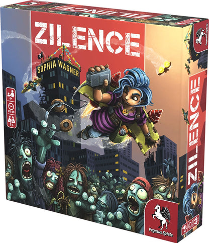 Box art for Zilence board game featuring a girl on a rocket pack flying over a city filled with zombies