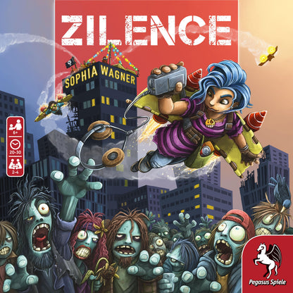 Zilence board game box art featuring heroes battling zombies and cityscape by Sophia Wagner Pegasus Spiele