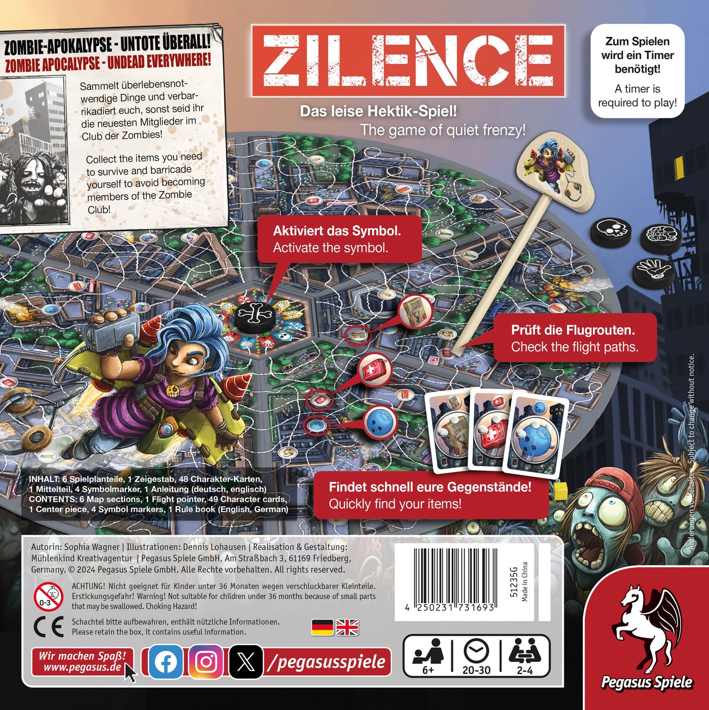 Zilence board game box with zombie apocalypse theme highlighting survival strategy and quick item finding gameplay