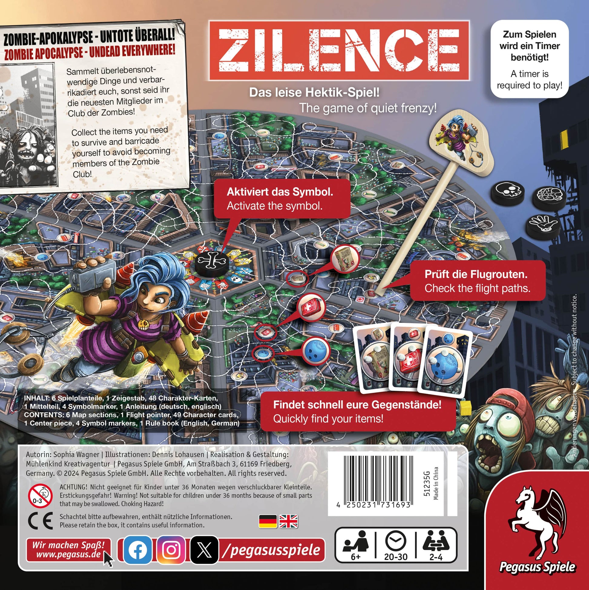 Zilence board game box with zombie apocalypse theme highlighting survival strategy and quick item finding gameplay