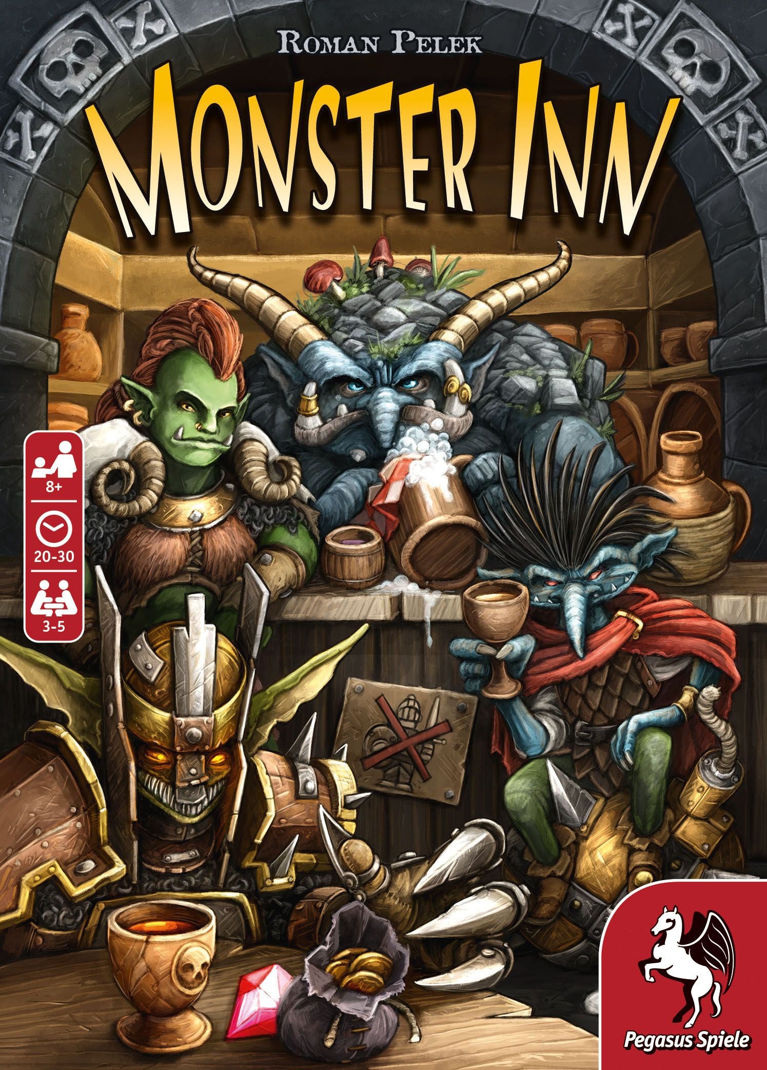 Box art for Monster Inn board game featuring monstrous patrons in a tavern with title and game details