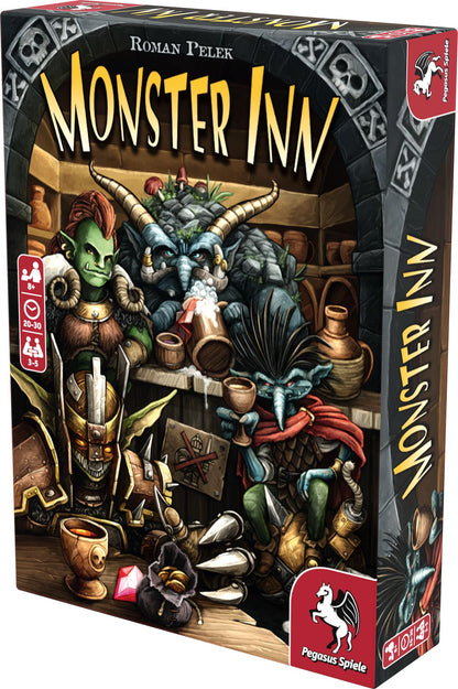 Monster Inn board game box with colorful illustration of monster characters drinking and socializing in a tavern setting
