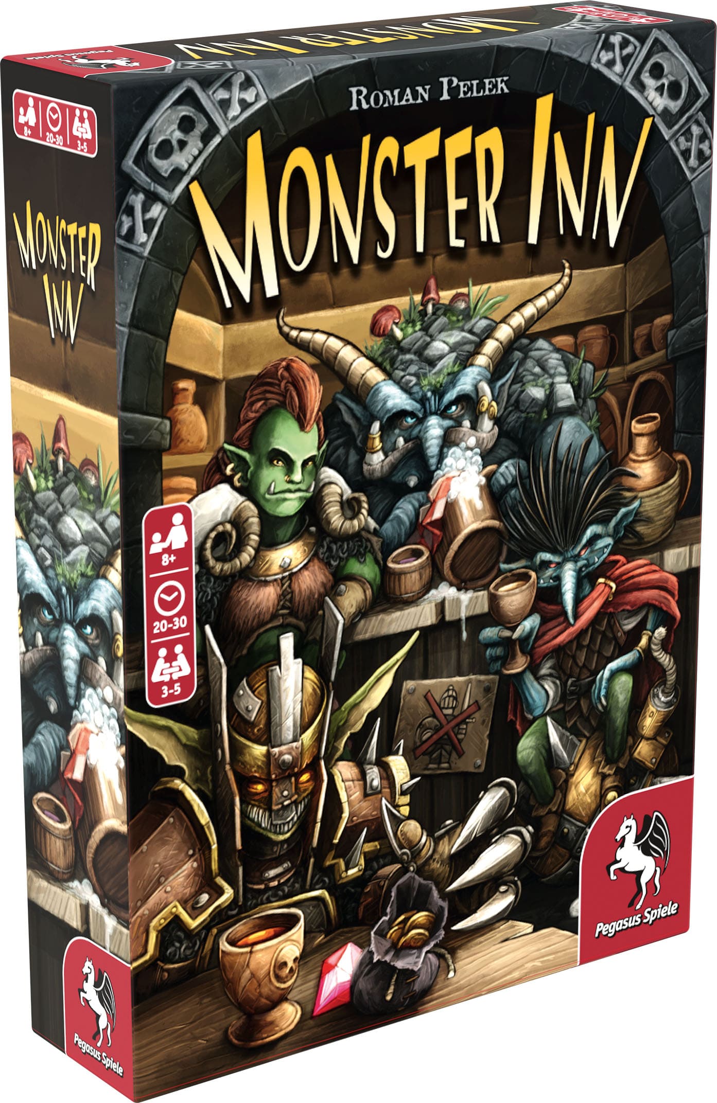 Monster Inn board game box featuring orcs and goblins in a tavern setting with player count and age recommendations