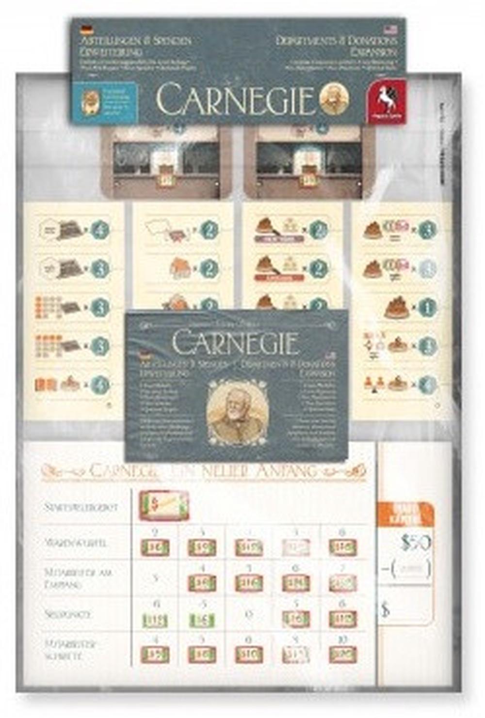 Box cover of Carnegie Departments & Donations Expansion showing illustrated artwork with game title and thematic elements