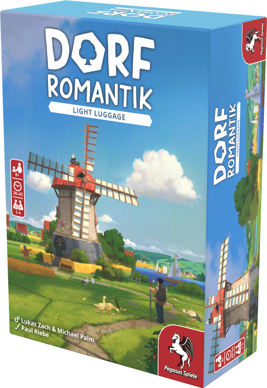 Board game box, "Dorf Romantik: Light Luggage," showing a large windmill in a sunny rural landscape