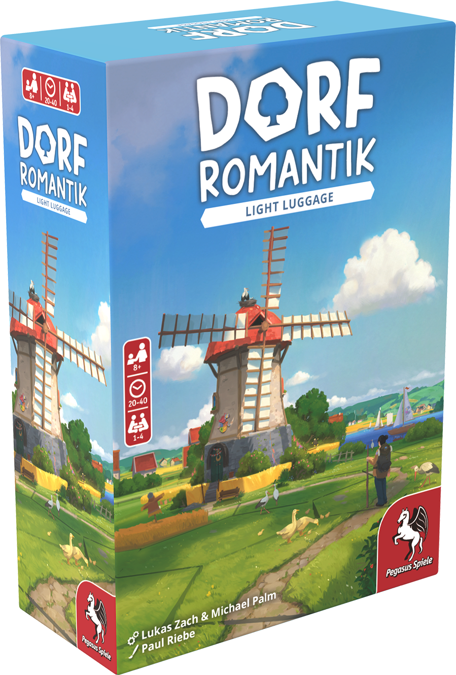 Dorf Romantik Light Luggage board game box featuring artwork of a large windmill and green fields