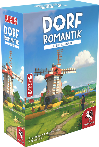 Dorf Romantik Light Luggage board game box featuring artwork of a large windmill and green fields