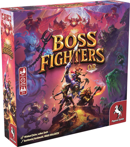 Boss Fighters board game box showcases detailed fantasy art of four heroes fighting massive bosses like a fiery demon and a green slime creature for 2-4 players
