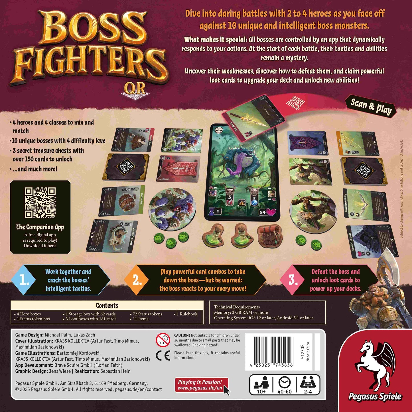 The Boss Fighters QR card game box back features cards and tokens surrounding a smartphone showing a huge monster boss, highlighting the 2 to 4 player app-enhanced cooperative challenge
