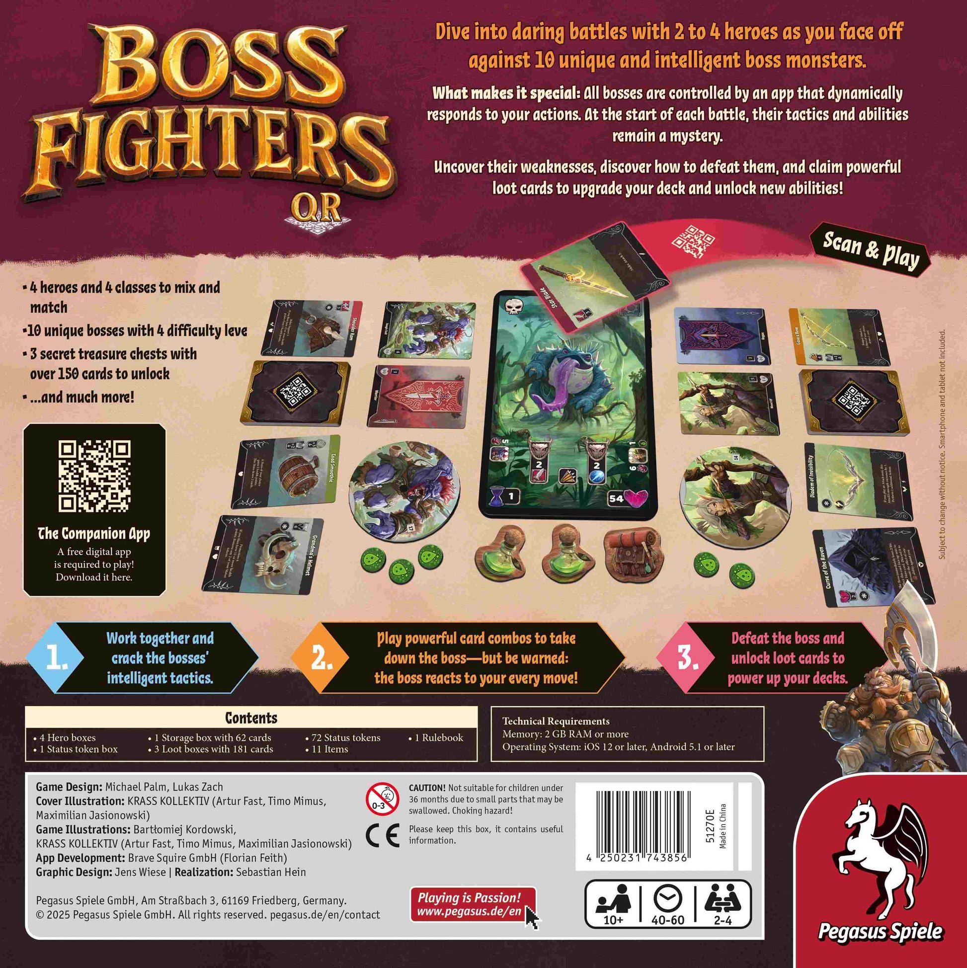 The Boss Fighters QR card game box back features cards and tokens surrounding a smartphone showing a huge monster boss, highlighting the 2 to 4 player app-enhanced cooperative challenge