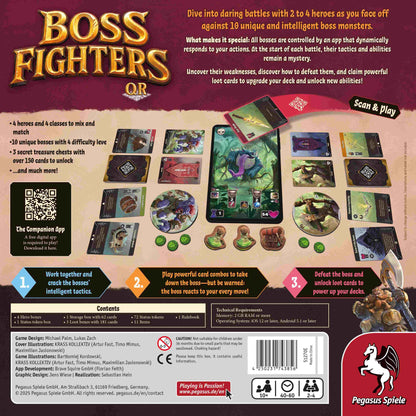 The Boss Fighters QR card game box back features cards and tokens surrounding a smartphone showing a huge monster boss, highlighting the 2 to 4 player app-enhanced cooperative challenge