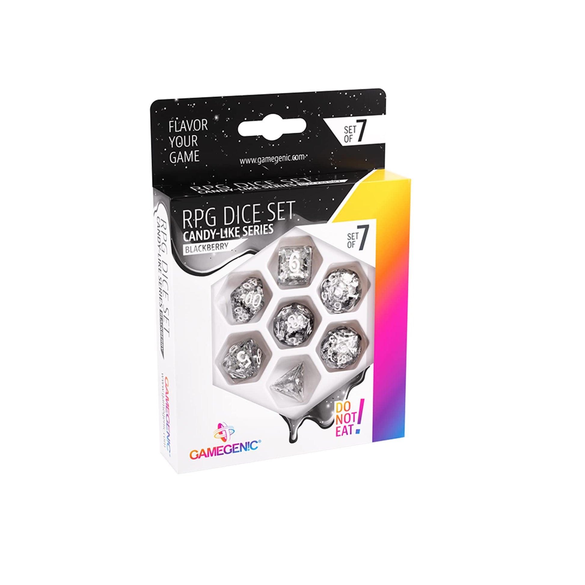 The Gamegenic Candy-like Series Blackberry 7-dice RPG set is displayed in a bright box showcasing the clear polyhedral dice filled with silvery crushed foil details