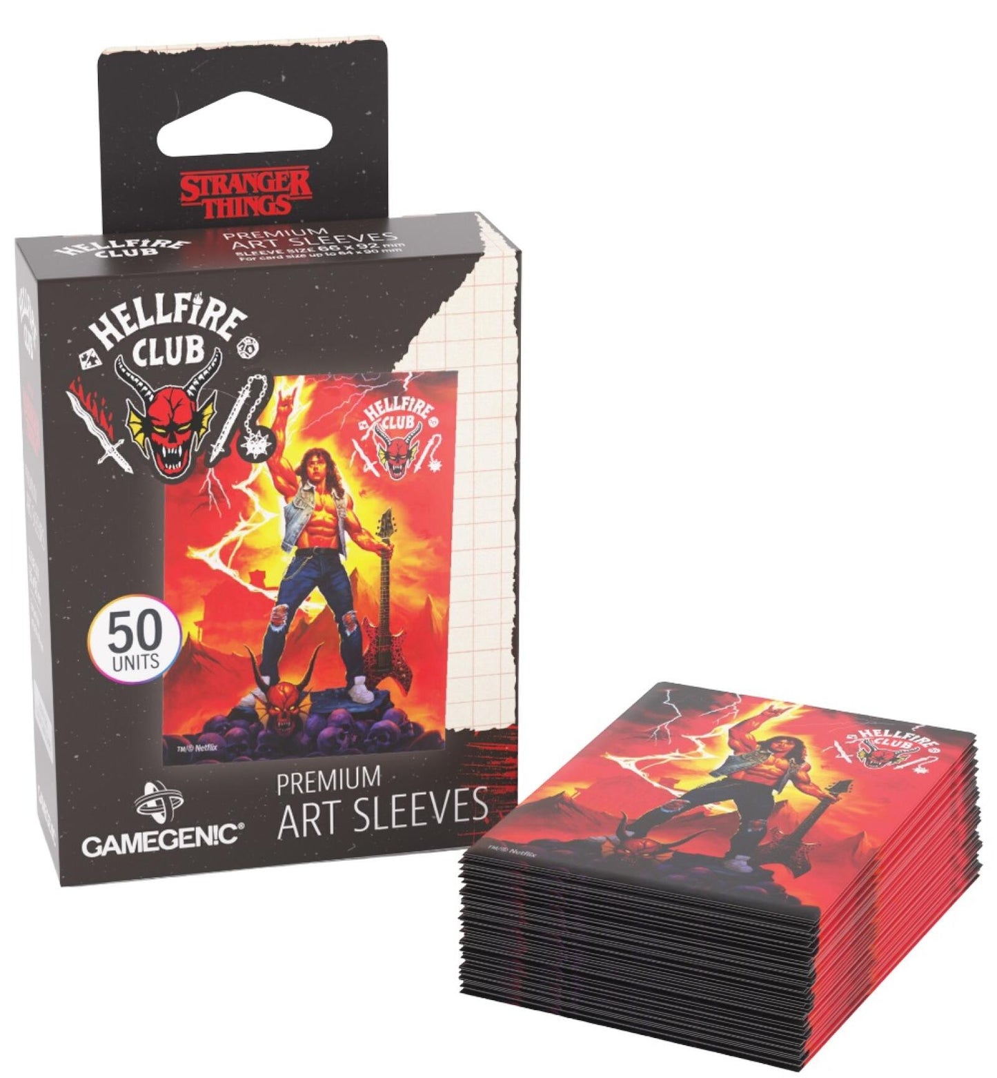 Stranger Things Hellfire Club Premium Art Sleeves box and stack, features Eddie Munson playing guitar on skulls with lightning, plus Hellfire Club logo