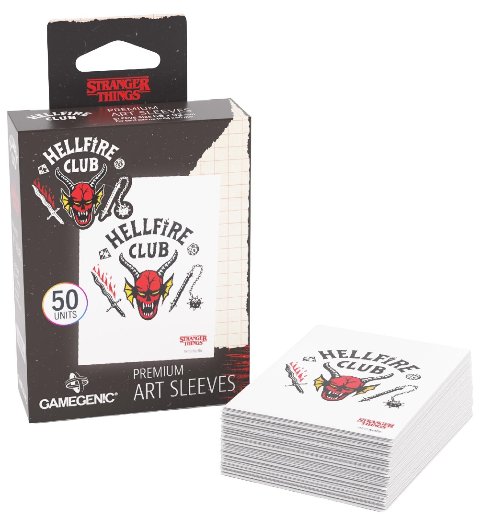 Stranger Things Hellfire Club premium art sleeves: 50 white sleeves featuring a red demon head, flaming sword, mace, and club logo, beside their black retail box