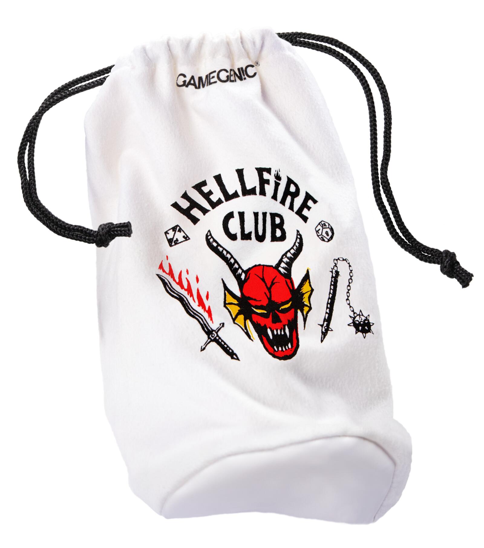 White Gamegenic drawstring bag with "Hellfire Club" logo featuring a red devil skull, flaming sword, flail, and D&D dice