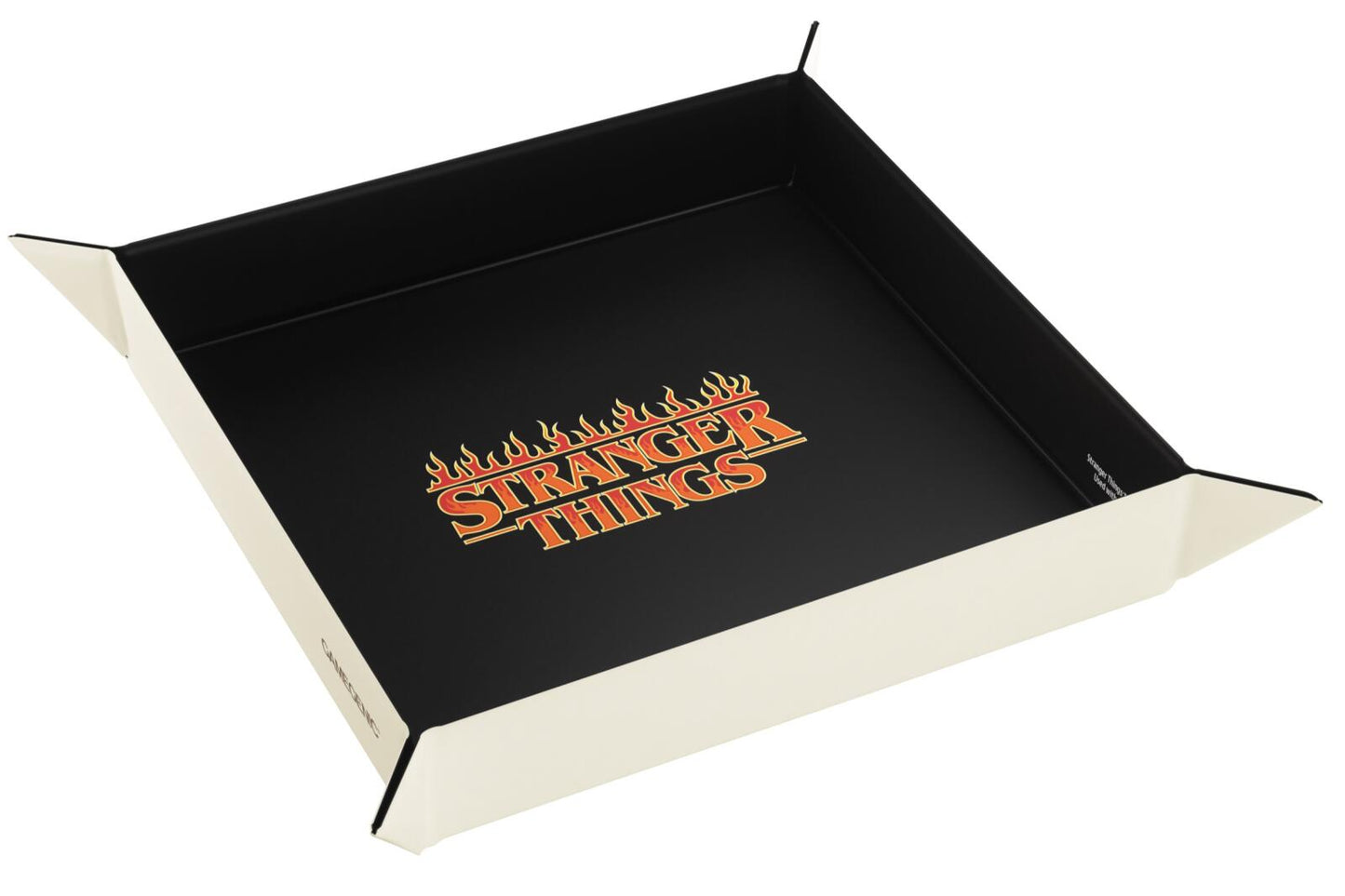 Black and cream dice rolling tray with the flaming red and yellow Stranger Things logo centered on the inner surface