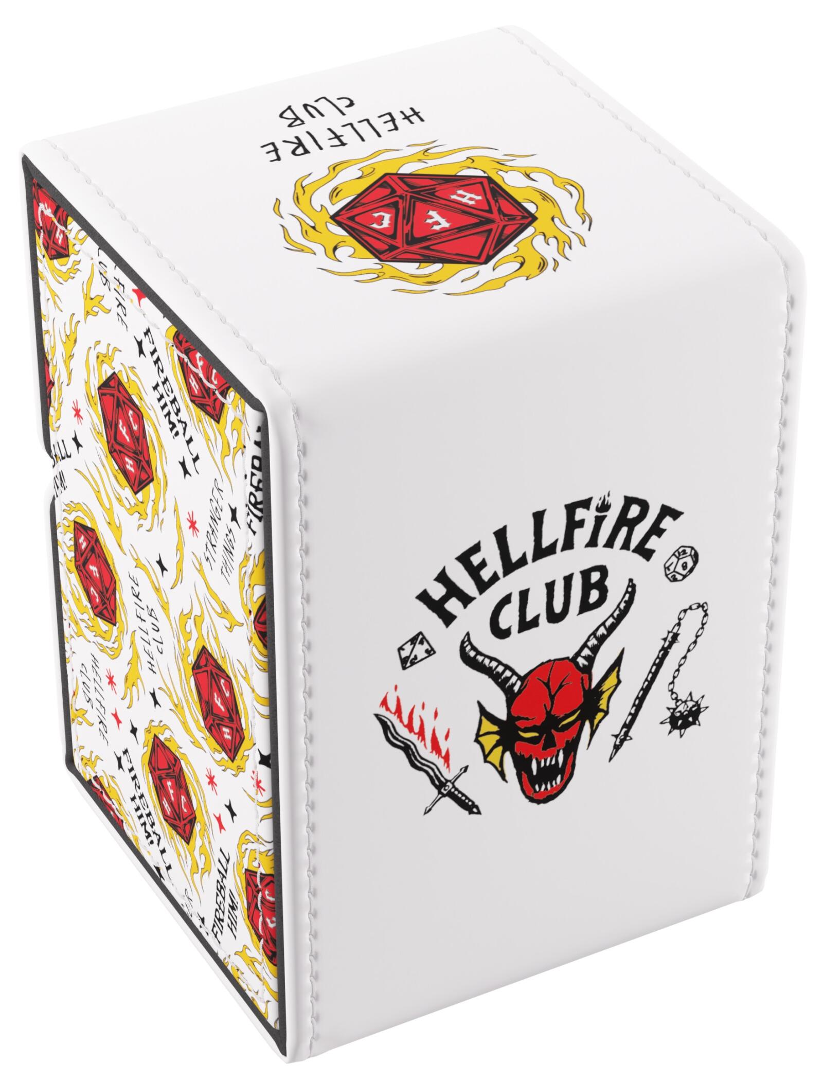 White Hellfire Club dice box with Stranger Things D&D-themed logos: a flaming D20, devil head, sword, and "Fireball Him!" text