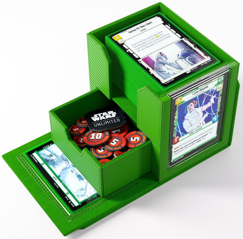 Bright green Star Wars: Unlimited card storage box, open to reveal cards (Leia Organa, You're My Only Hope) and orange/black tokens with numbers 5 and 10