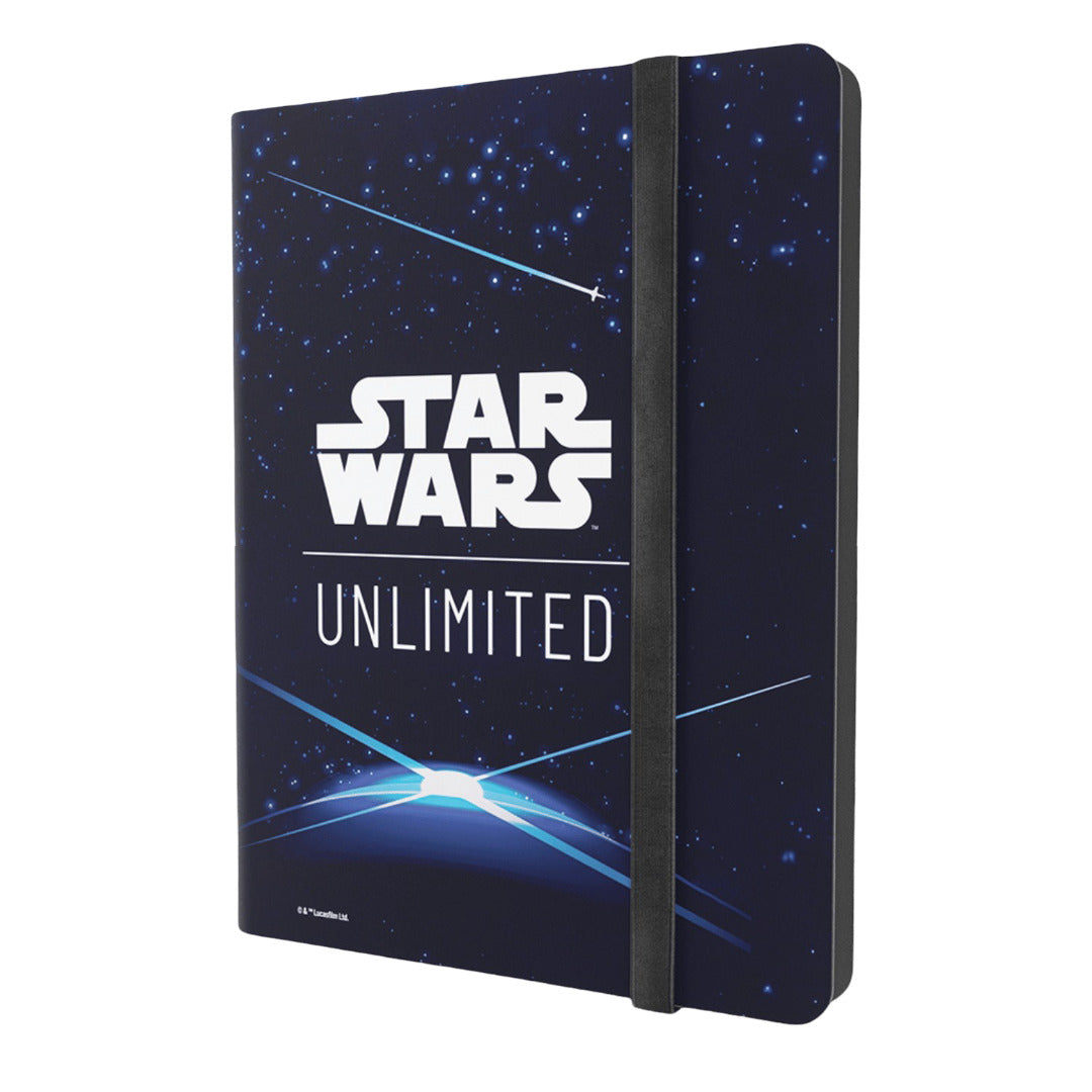 A Gamegenic Star Wars Unlimited 18-pocket album featuring a deep space dark blue cover with white logo text and secured by a black elastic closure band