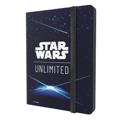 A Gamegenic Star Wars Unlimited 18-pocket album featuring a deep space dark blue cover with white logo text and secured by a black elastic closure band