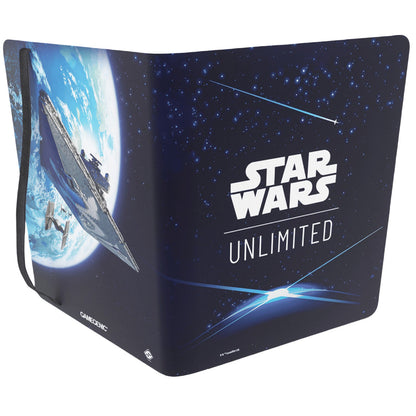 A black and blue Gamegenic Star Wars Unlimited card album showcasing a Star Destroyer and TIE fighter over a planet backdrop