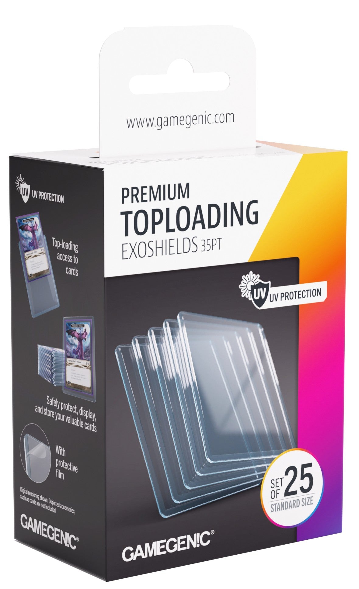 A white and black box for Premium Toploading Exoshields, showing clear card sleeves, some with cards, and UV protection details