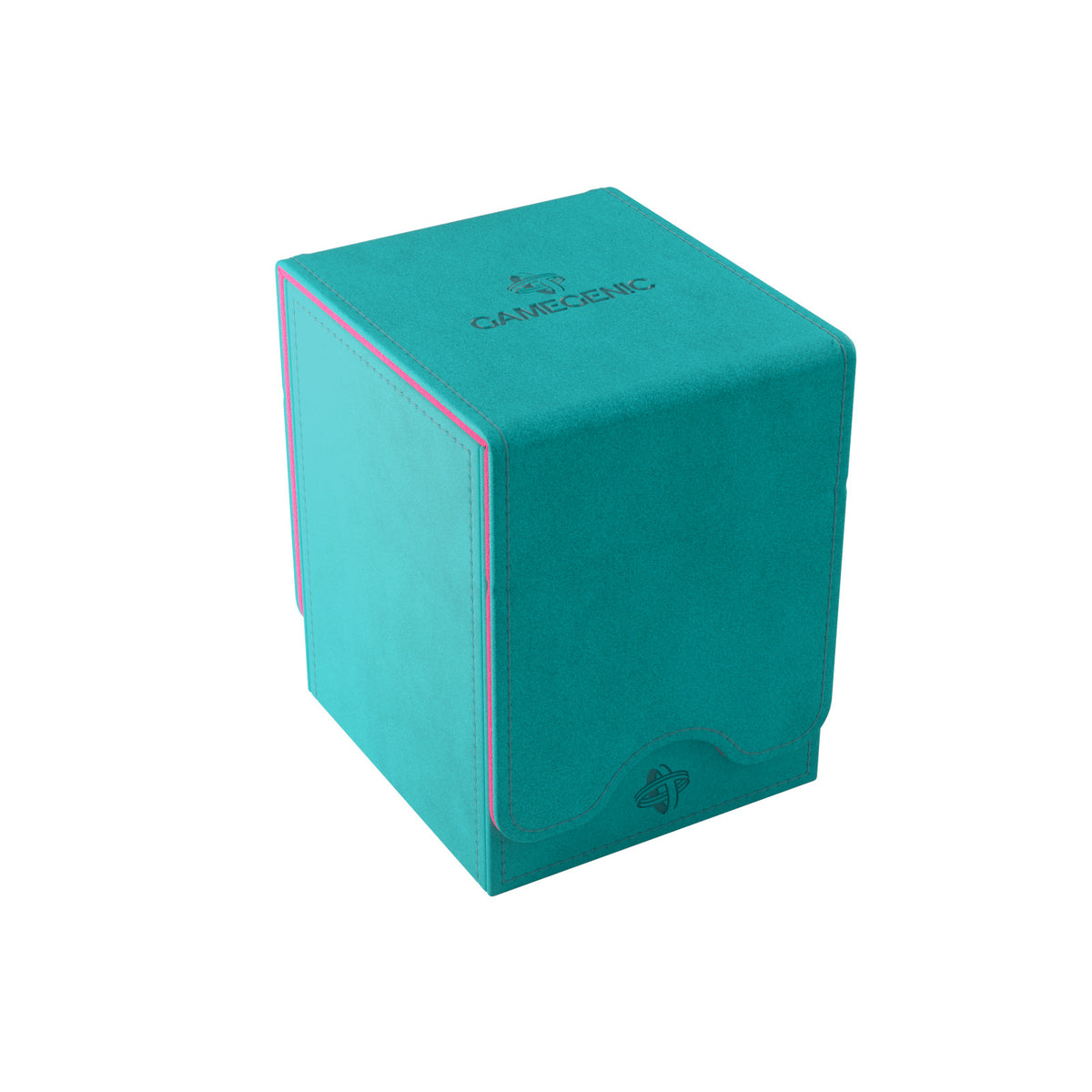 Closed teal Gamegenic deck box with pink stitching