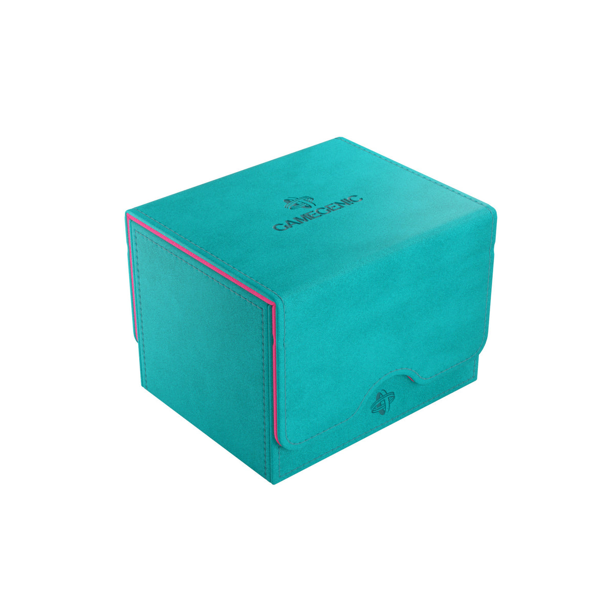 Closed teal/pink gamegenic sidekick 100+ XL convertible deck box with textured finish and Gamegenic logo on top