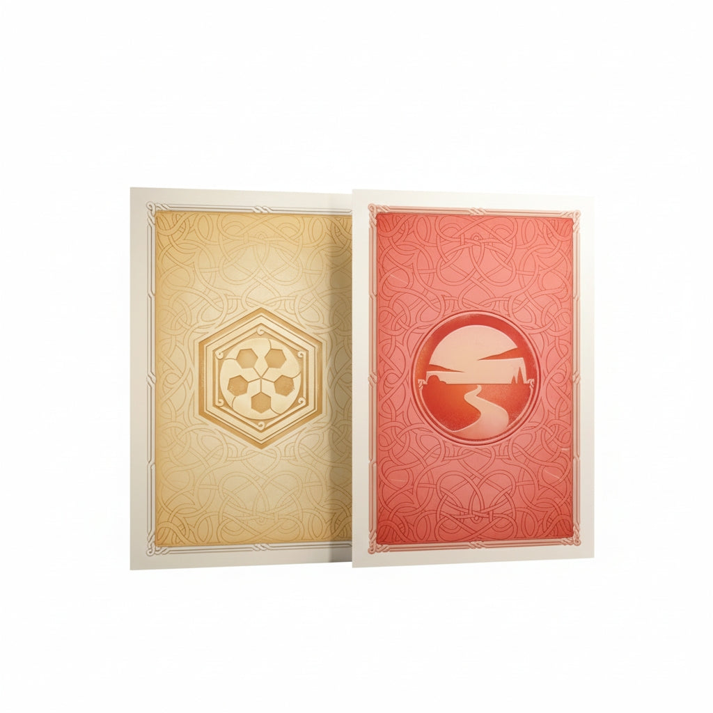 Two Gamegenic Catan Art Sleeves, one gold with a soccer ball-like emblem, the other red with a circular landscape and winding path