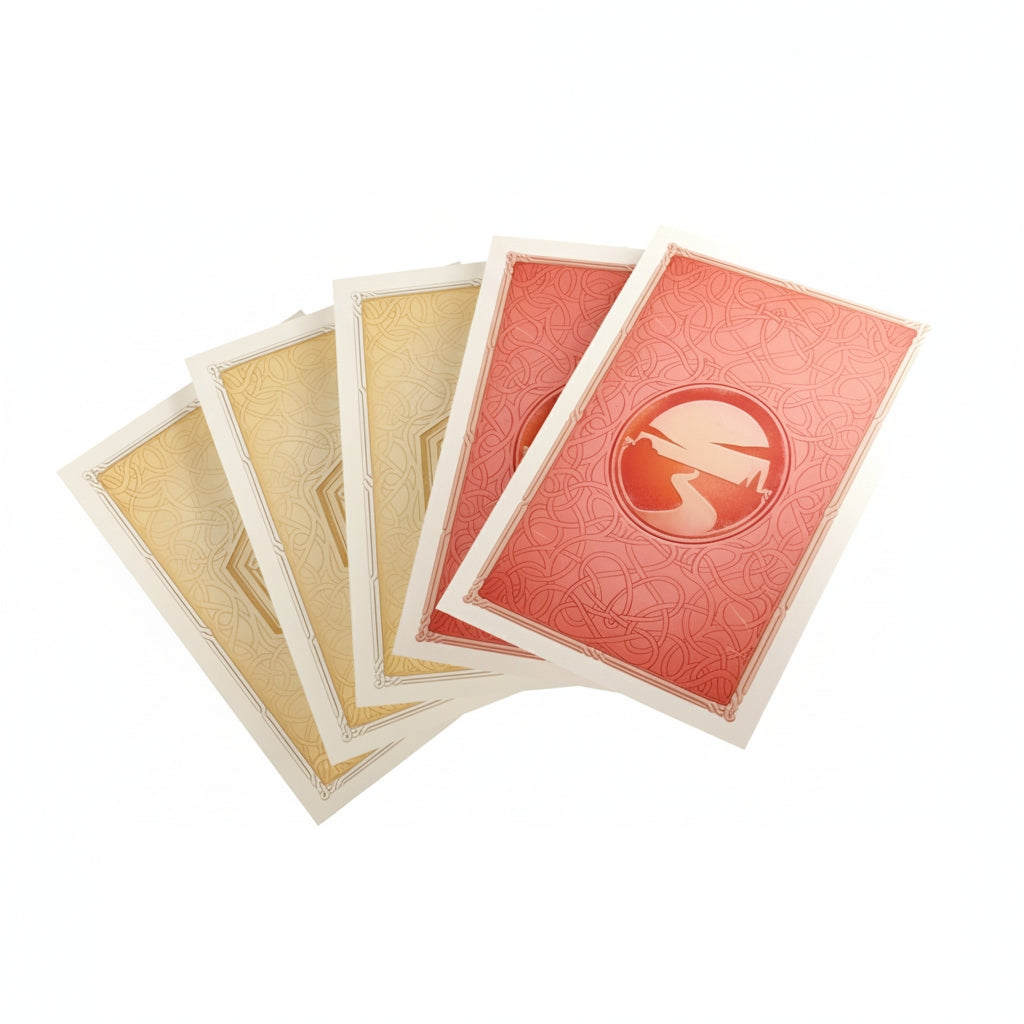 Five Gamegenic Catan Art Sleeves fanned out, three gold with patterns and two red depicting a path to a mountain