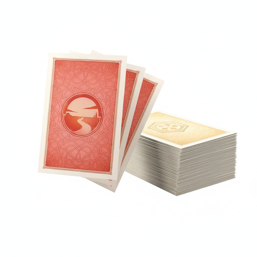 Fanned Gamegenic Catan Art Sleeves show a red back with a sunset and path design, next to a stack of light-colored sleeves with a central symbol