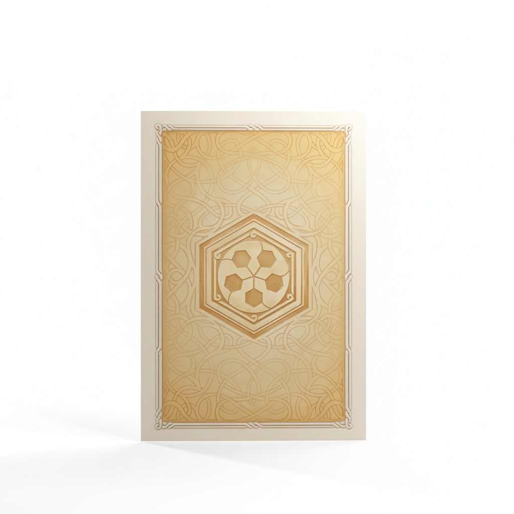 A Gamegenic Catan Art sleeve with intricate celtic knot design and a central hexagonal emblem showing three stylized soccer balls