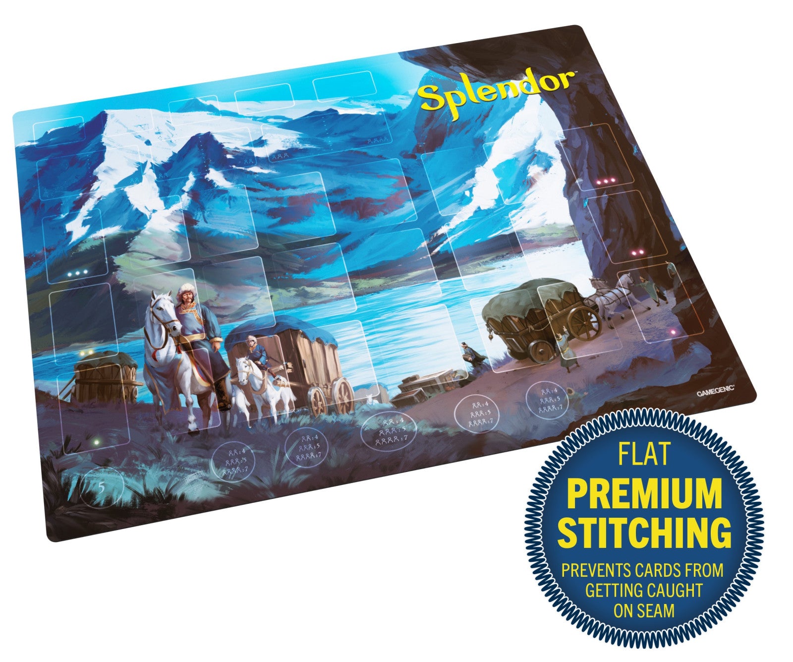 Splendor playmat featuring mountain artwork, travelers, and wagons. Includes card slots and a blue label: 'Flat Premium Stitching'
