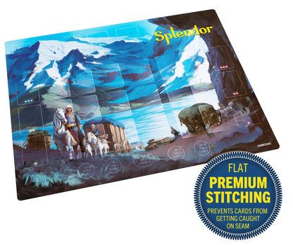 Splendor playmat featuring mountain artwork, travelers, and wagons. Includes card slots and a blue label: 'Flat Premium Stitching'