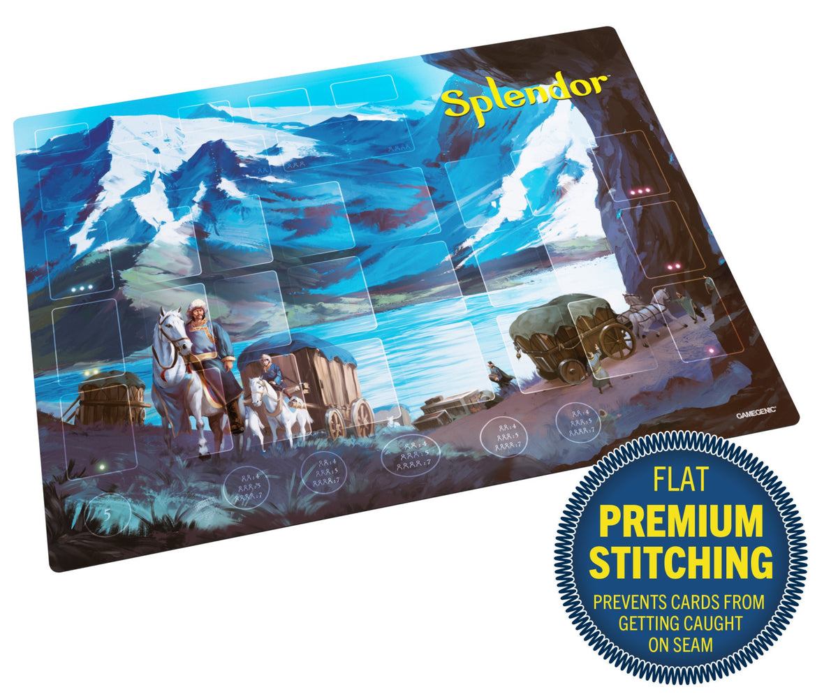 Splendor playmat featuring mountain artwork, travelers, and wagons. Includes card slots and a blue label: &#39;Flat Premium Stitching&#39;