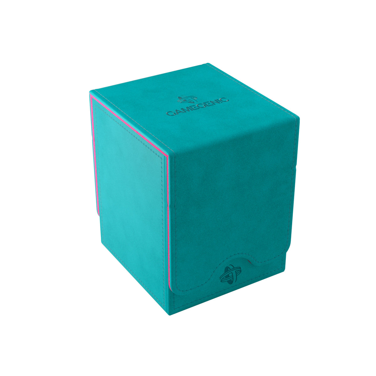 Closed teal Gamegenic deck box with subtle pink accents and embossed logo