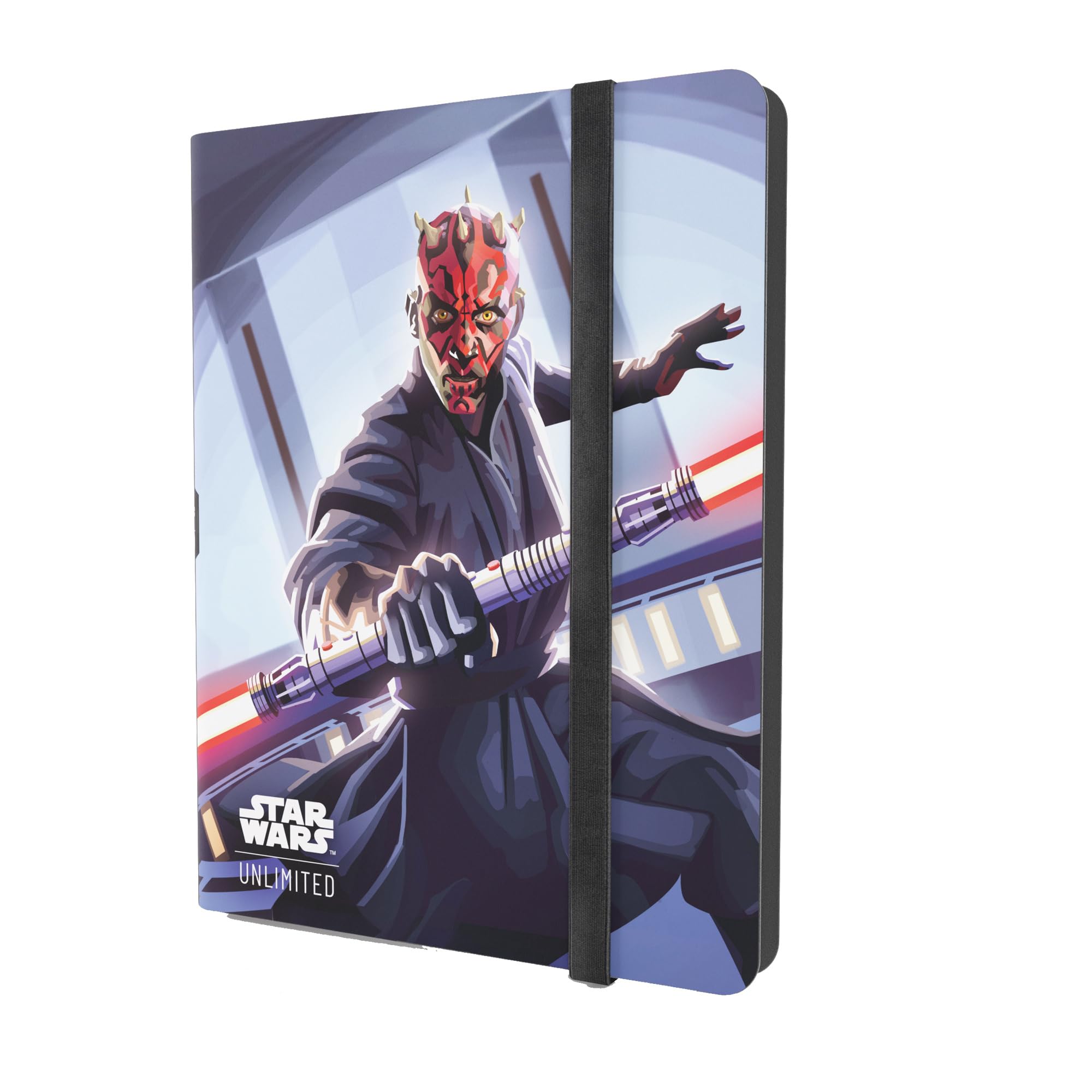 An album cover shows a red and black-faced horned figure in a dark robe holding a red double-bladed lightsaber, secured by a black elastic band