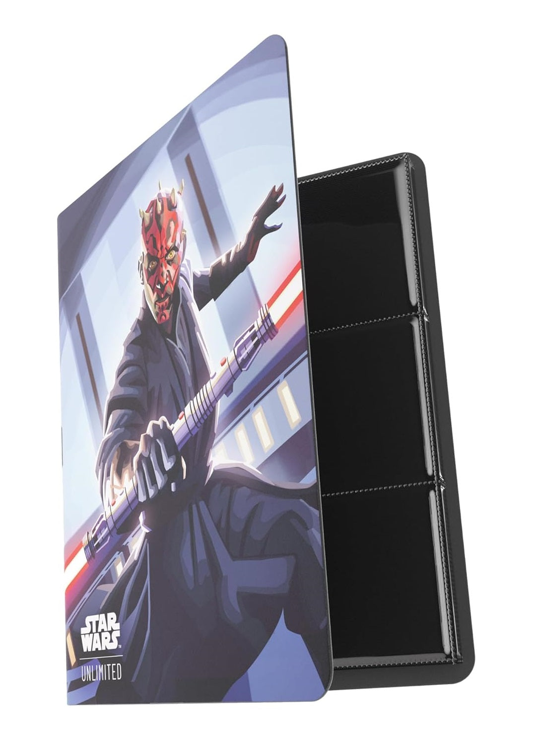 A Star Wars Unlimited 18-pocket album with a red-skinned, horned character holding a double-bladed red lightsaber on its cover, slightly open to show black pages