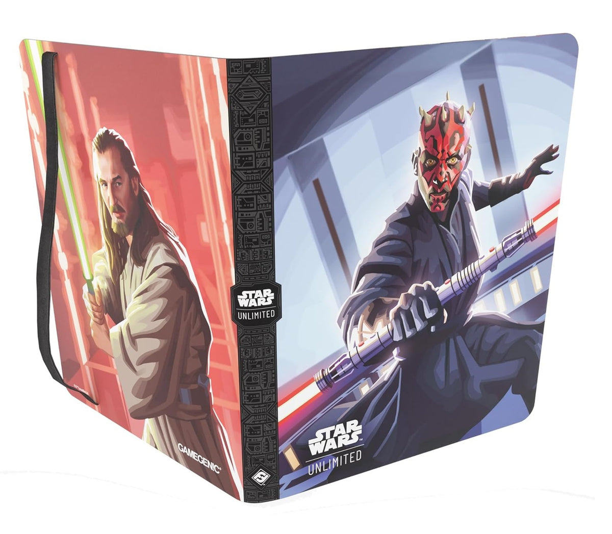 A Gamegenic Star Wars Unlimited 18-pocket Album showing a light-robed character with a green lightsaber and a horned dark figure with a red double lightsaber, separated by a patterned spine